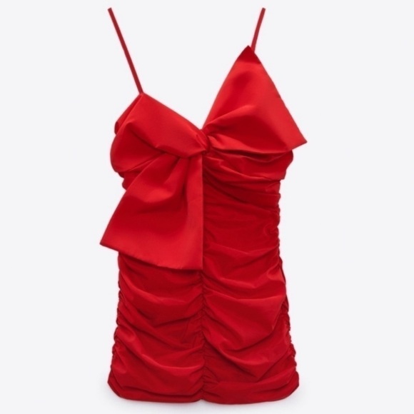 zara red mini dress with bow ZARA Voluminous Red Bow Valentine Mini Dress Ruching Medium